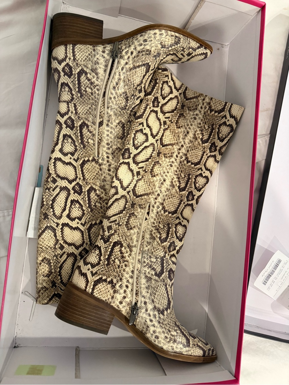 Vince Camuto Knee-High Snake-Print Boots in Beige and Brown
